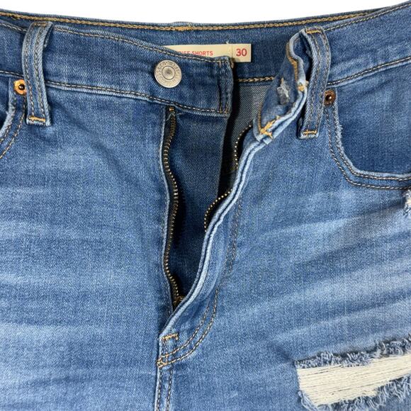 Levi’s SZ 30 High-Rise Jean Shorts Distressed Stretch Zip-Fly Frayed Hem Pockets - Picture 3 of 9